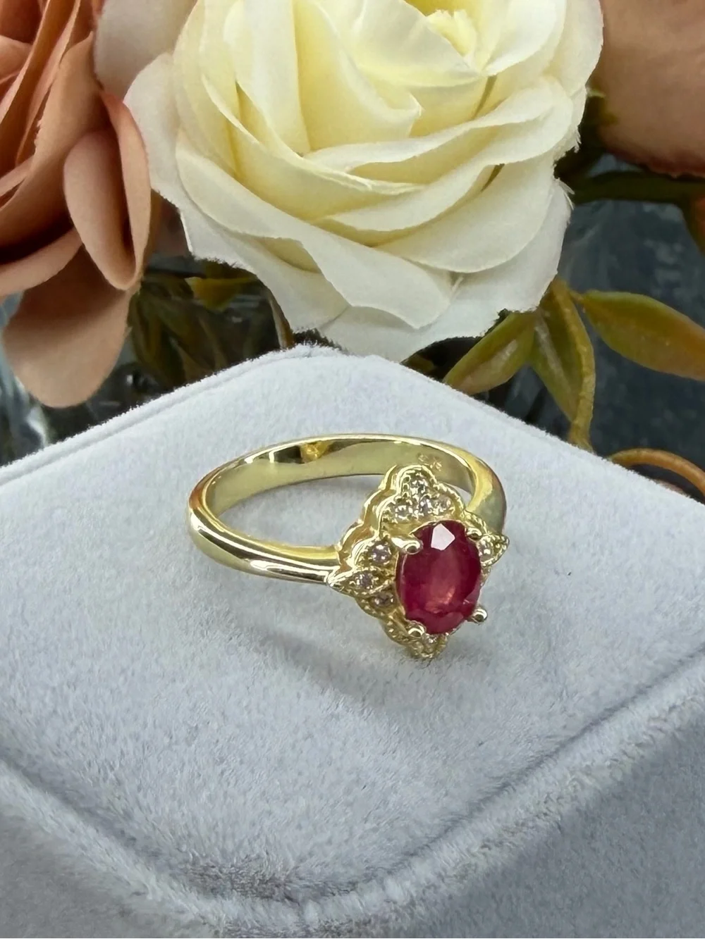Stunning Natural 7x5mm Oval Ruby Zircon  accent in 14K Yellow GP Ring Size 6